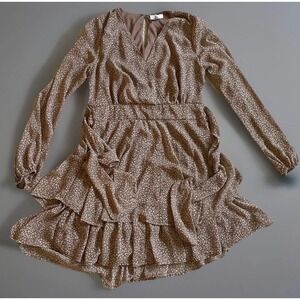 Ruffle Tiered Mini Dress Womens Large Brown Boho Cottagecore Long Sleeve Japna